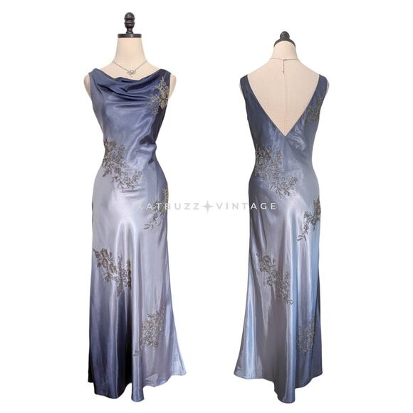 Vintage Prom Dress Maxi Gown 2 Blue Ombre Fairy Grunge 90s Y2K Satin Bead Floral - Picture 1 of 12